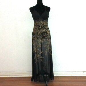 Ginoo, Black sheer spaghetti straps dress, with golden sequins / beads flower